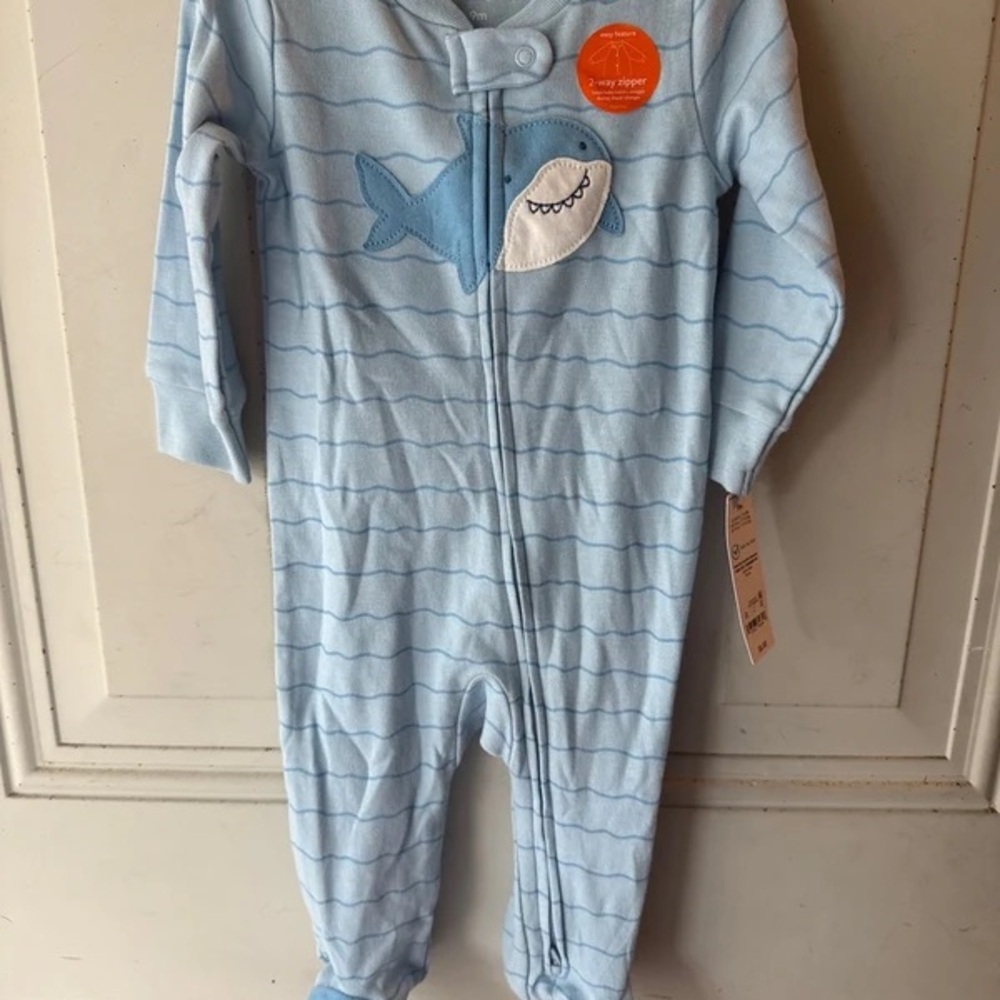 Light Blue Baby Shark Applique Footed One-Piece Pajama